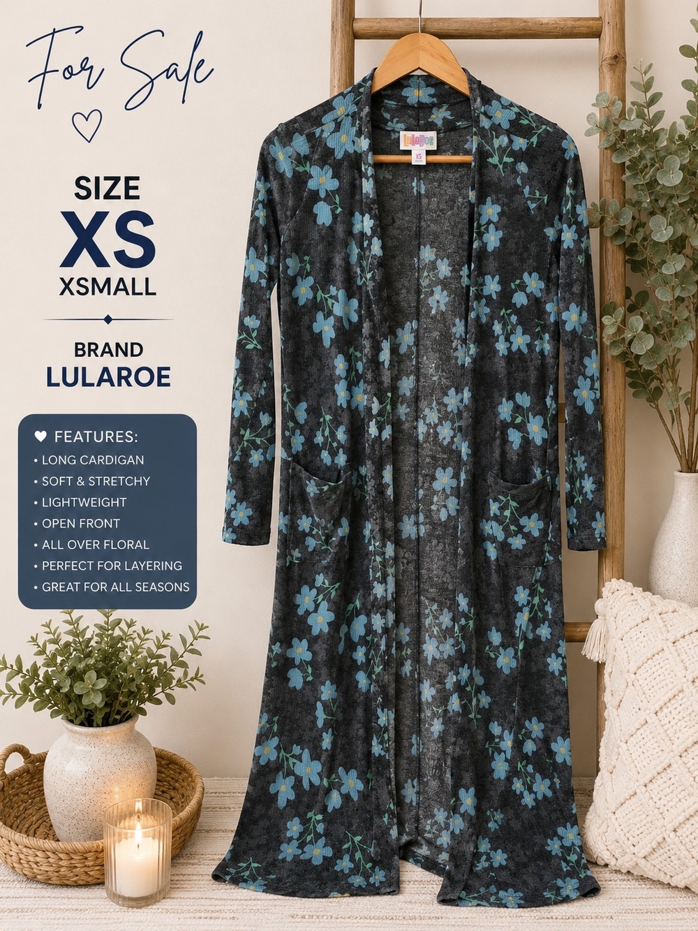 LuLaRoe Long Open-Front Cardigan - Black with Teal Floral